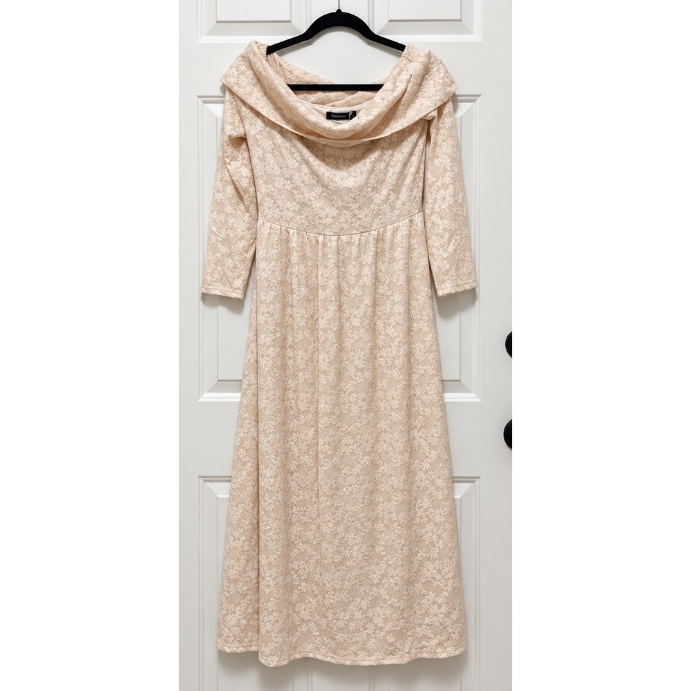 Merokeety Lace Off Shoulder Midi Dress Cream Floral 3/4 Sleeve Formal Wedding
